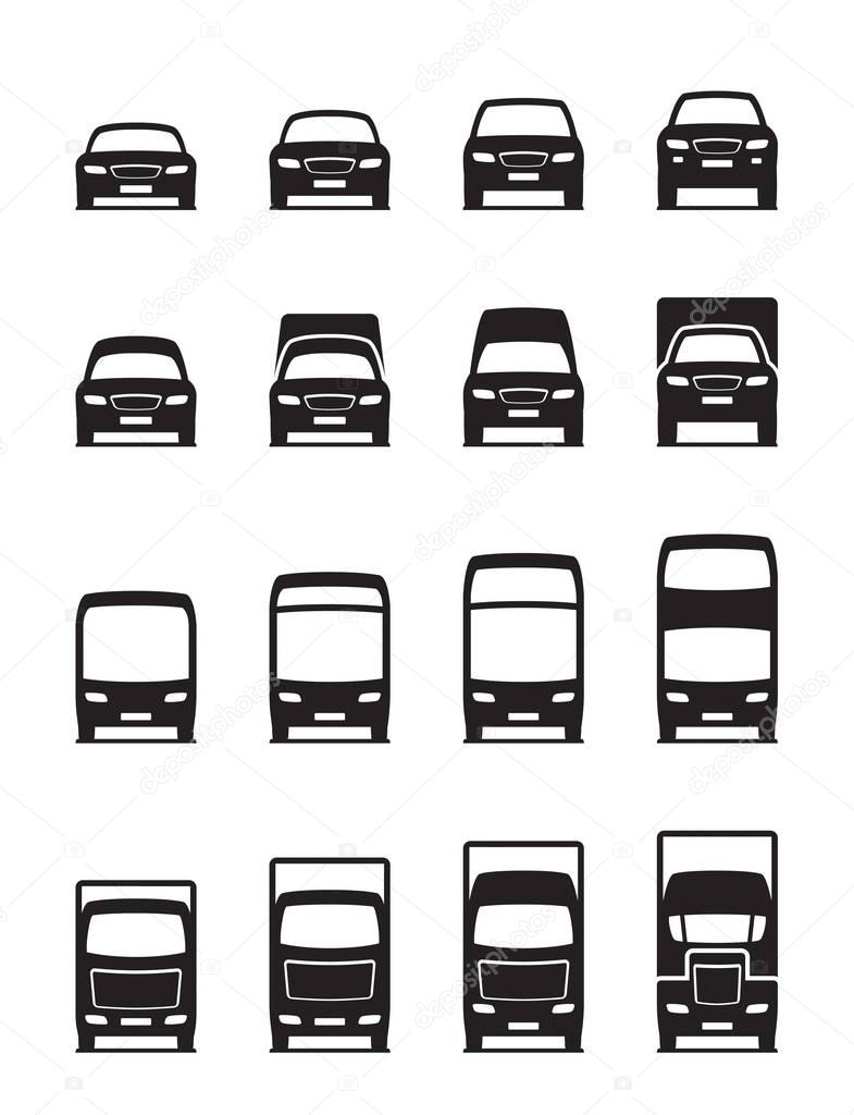 Road transportation vehicles in front - vector illustration