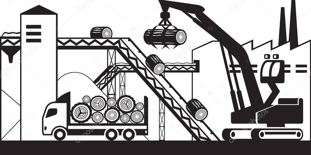 Truck brings wood to paper plant - vector illustration