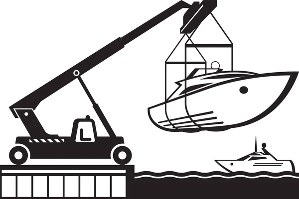 Crane Launching Yacht Water Vector Illustration — Stock Vector