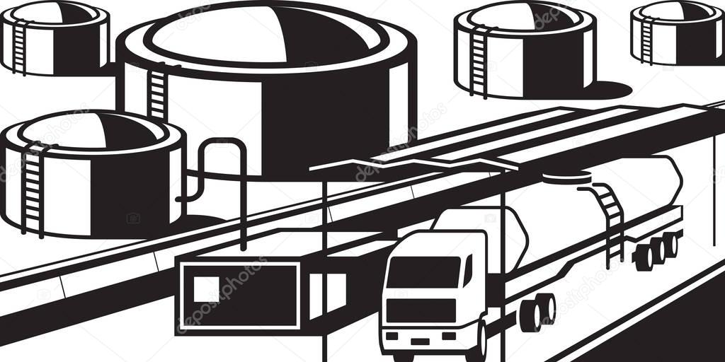 Truck tank loading fuels from petroleum base - vector illustration