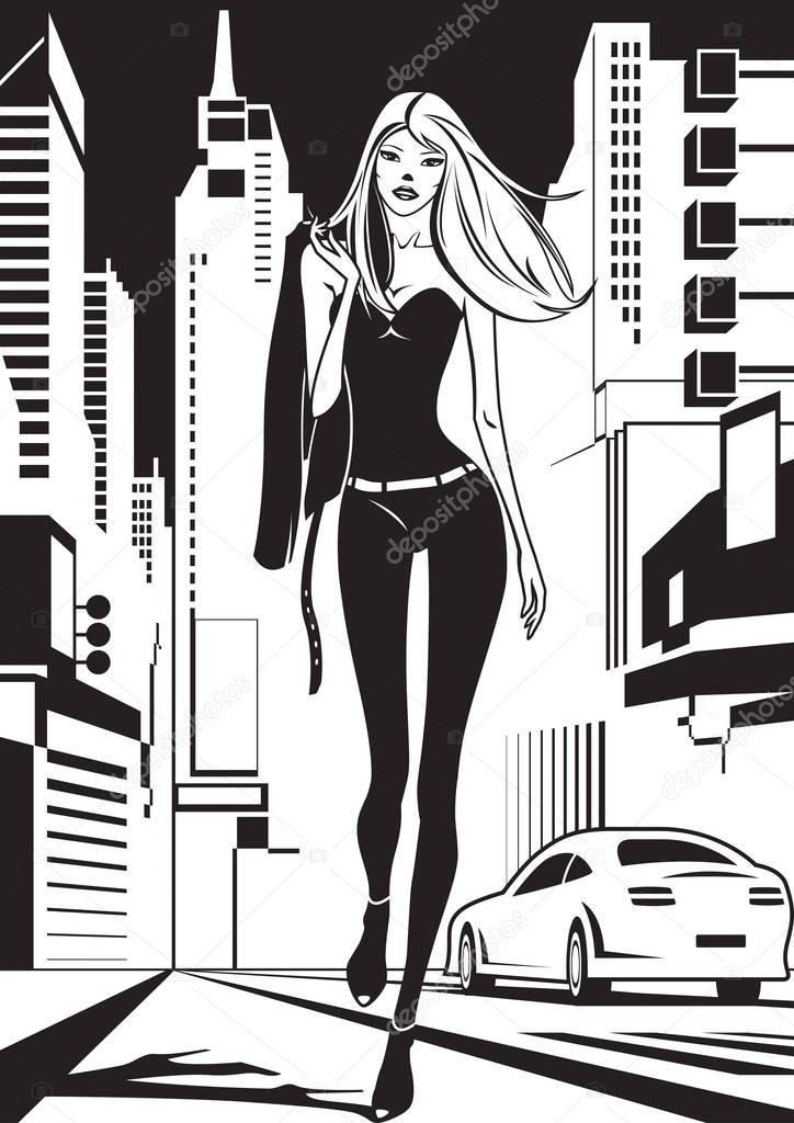 Fashion model is walking on a street in New York City - vector illustration