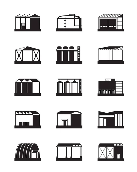 Conjunto Ícones Armazéns Industriais Ilustração Vetorial —  Vetores de Stock