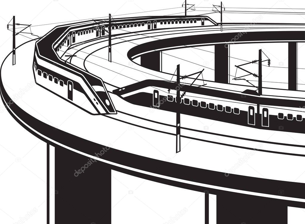 Passenger trains cross the bridge - vector illustration