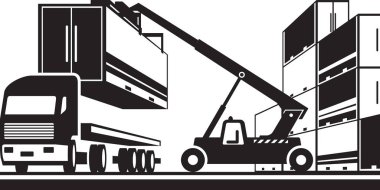 Kargo konteynırlı forklift yükleme kamyonu - vektör illüstrasyonu