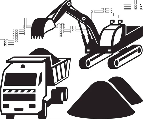 Excavator Loads Dump Truck Construction Site Vector Illustration — Stock Vector