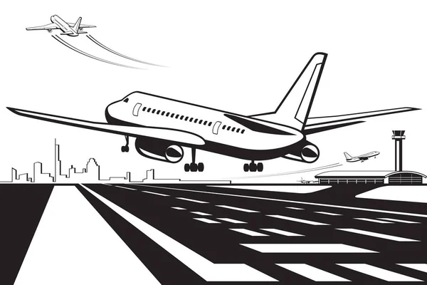 Aterrizaje Aeronaves Pista Aterrizaje Aeropuerto Ilustración Vectorial — Vector de stock