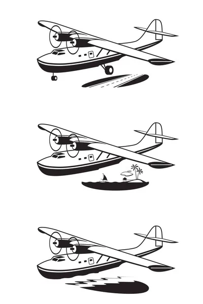 Avión Acuático Sobre Cielo Terrestre Mar Ilustración Vectorial — Vector de stock