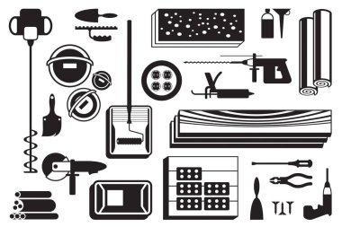 Zemin vektör illüstrasyonunda inşaat gücü araçları ve malzemeler