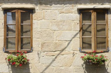 Kırmızı çiçekler tencere ahşap windows altında