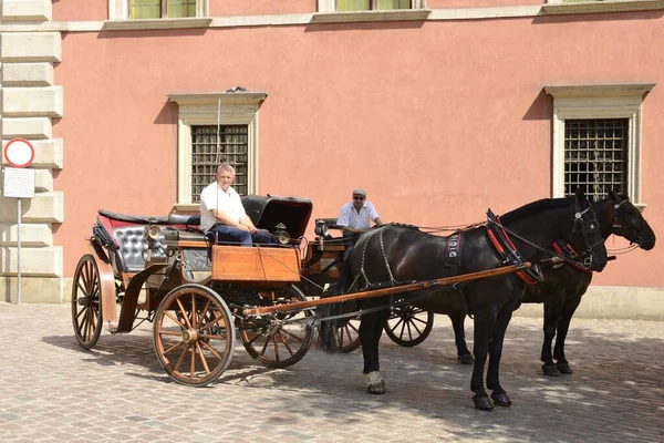 Warschau Polen Juli 2018 Paardenkoetsen Aan Geplaveide Straat Het Oude — Stockfoto