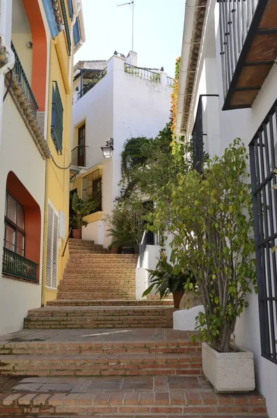 スペインのアンダルシア州マルベージャの隣にある山村 ベナハビスの路地にあるレンガ造りの階段 — ストック写真