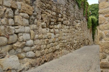 İspanya 'nın Katalonya bölgesindeki Girona Emporda bölgesinin ortasında yer alan Ortaçağ Pals köyünün kaldırımlı yolu..