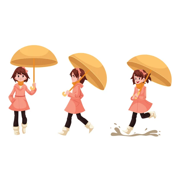 Little girl in a raincoat with umbrella enjoying rainy weather — Stock Photo, Image