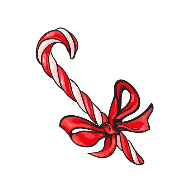 Cane de caramelo de Navidad con arco rojo — Vector de stock