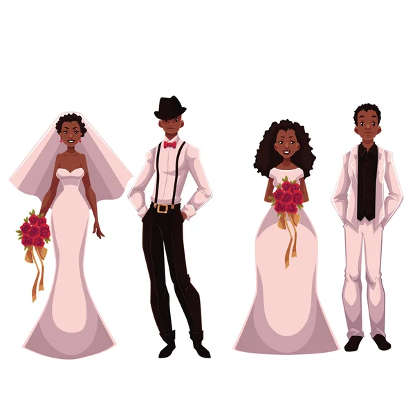 Afro-americano apenas casal, conjunto de noivas e noivos — Vetor de Stock