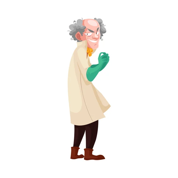 Professor louco em jaleco e luvas de borracha verde — Vetor de Stock