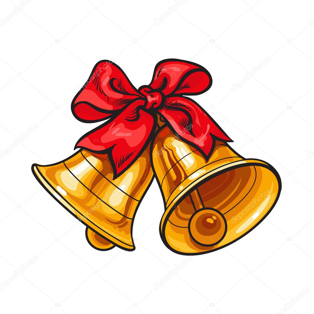 Golden Christmas bells with a red bow