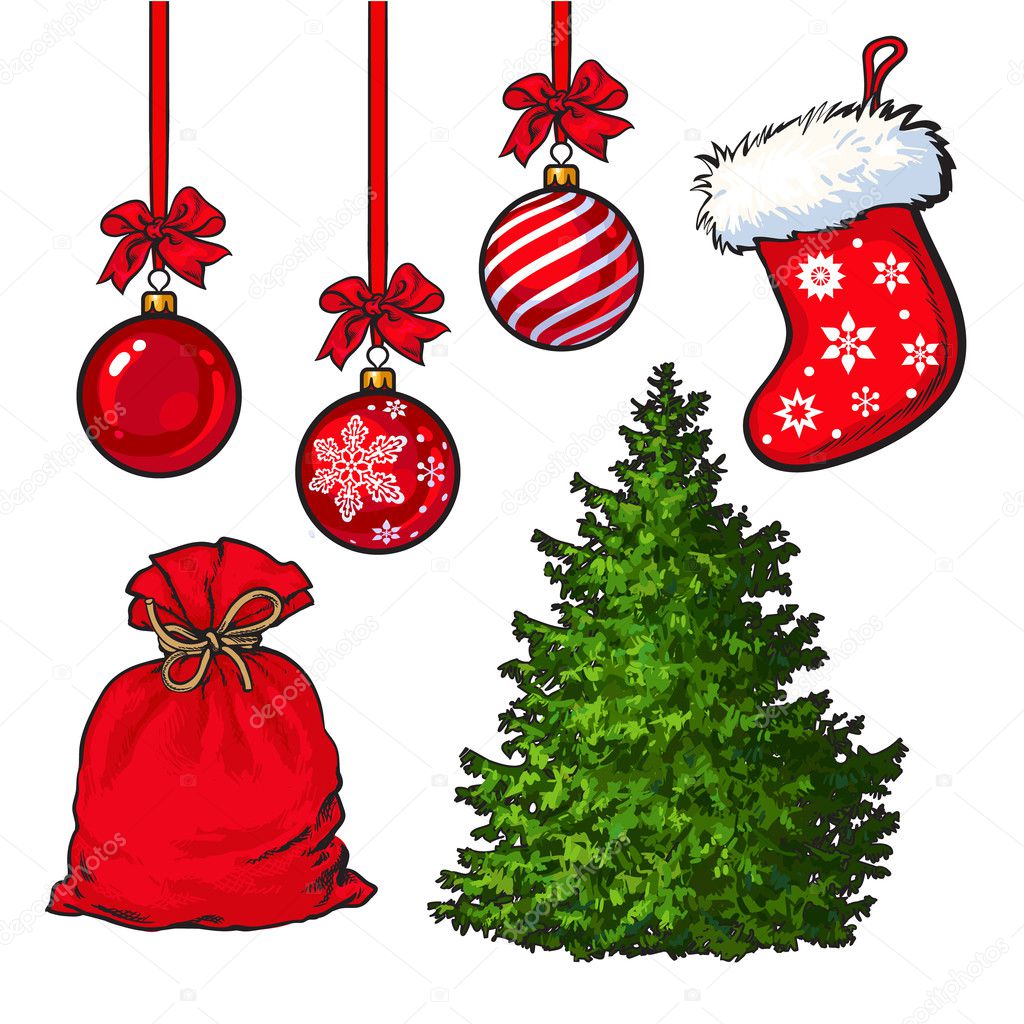 Set of Christmas tree, red decoration balls, boot and sack