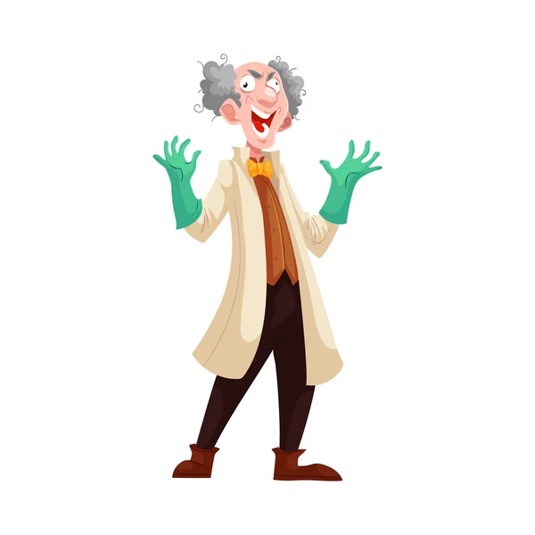 Божевільний професор в лабораторному пальто і зелених гумових рукавичках — стоковий вектор