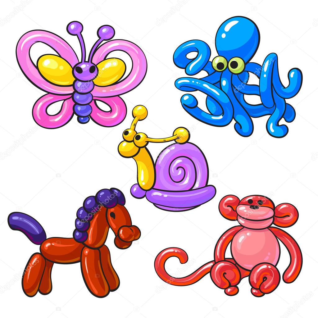 Set of balloon animals - horse, octopus, monkey, butterfly, snail