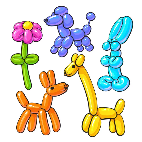 Ensemble d'animaux ballon - chien, caniche, girafe, fleur, lapin — Image vectorielle