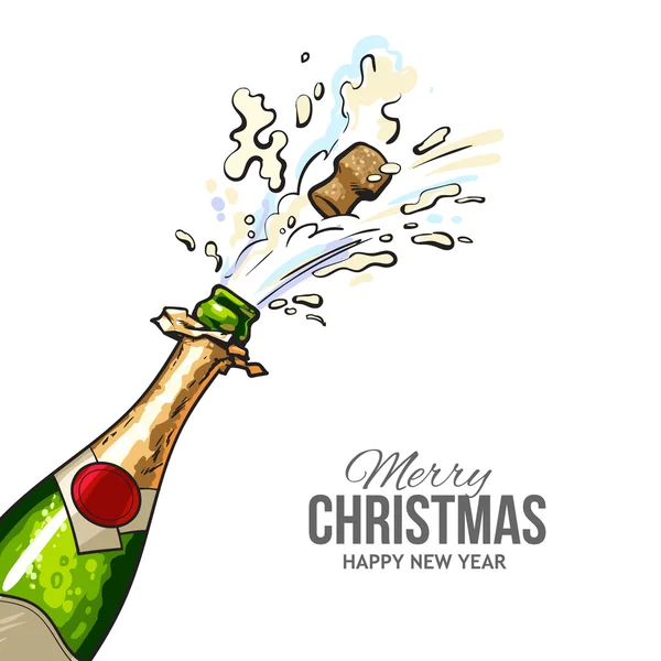 Christmas greeting card with cork popping out of champagne bottle — Stock Vector