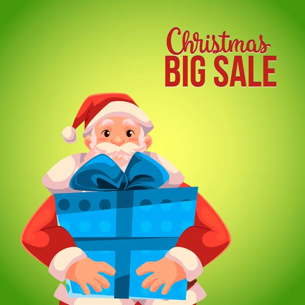 Boże Narodzenie sprzedaży transparent z kreskówki Santa Claus przytrzymanie pudełko — Wektor stockowy