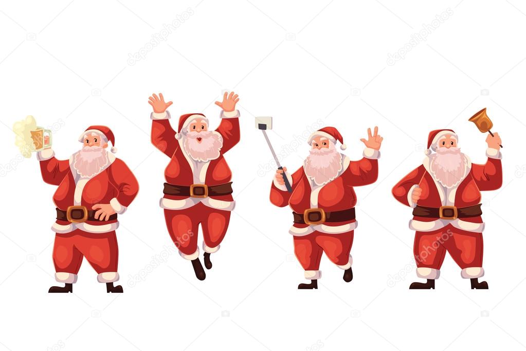 Santa Claus jumping, ringing a bell, making selfie, drinking beer