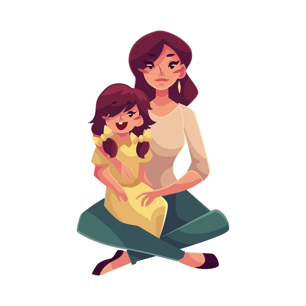 Mãe e filha sentados no chão abraçando uns aos outros — Vetor de Stock