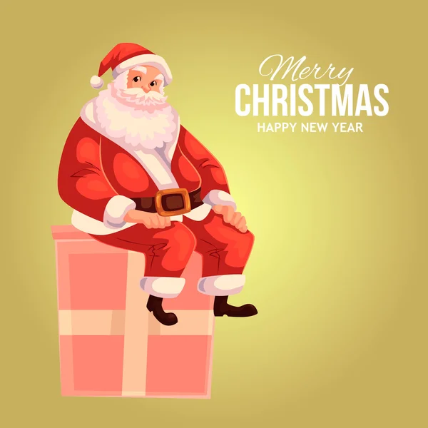 Tebrik kartı ile çizgi film Noel Baba bir kutu üzerinde oturan — Stok Vektör