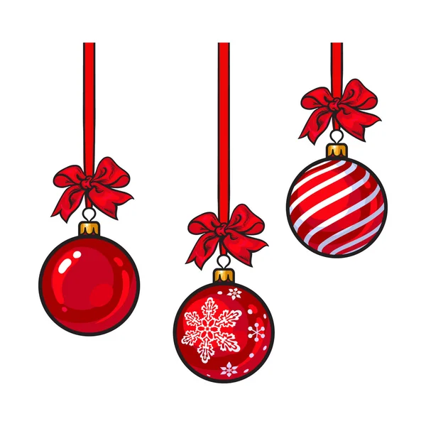 Червоні різдвяні кульки зі стрічкою та бантами — стоковий вектор