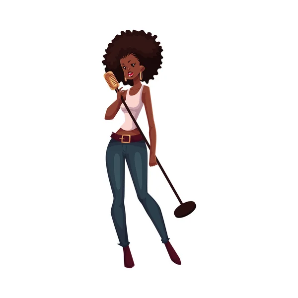 Belle chanteuse afro-américaine avec un microphone — Image vectorielle