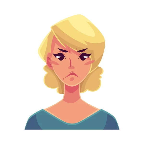 Mujer rubia bonita, expresión facial enojada — Vector de stock