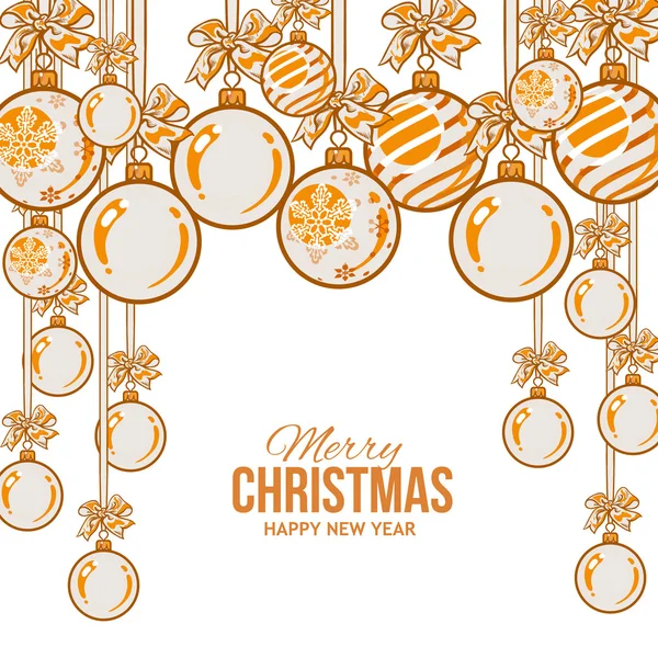 Bolas de Navidad naranja con cinta y arcos, plantilla de tarjeta de felicitación — Archivo Imágenes Vectoriales