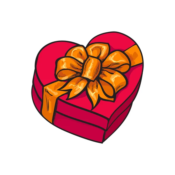 Kırmızı kalp şeklinde hediye kutusu şerit ve yayla — Stok Vektör