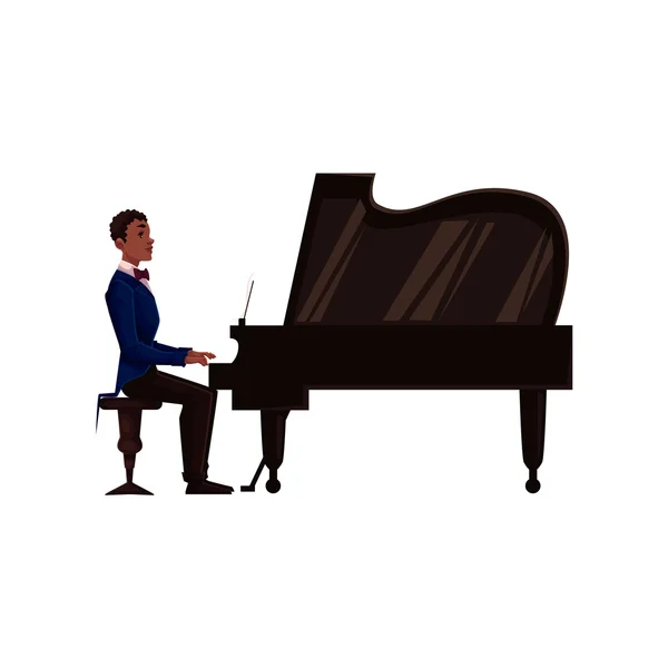 Jeune homme afro-américain jouant du piano à queue avec couvercle ouvert — Image vectorielle