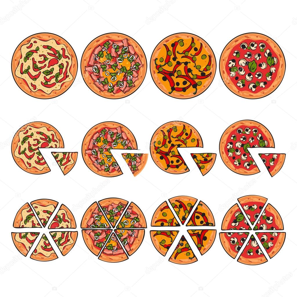 Set of four pizza types, whole and sliced into pieces
