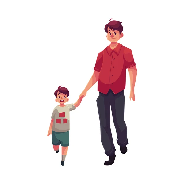 Joven papá sosteniendo a su pequeño hijo de la mano y caminando juntos — Archivo Imágenes Vectoriales
