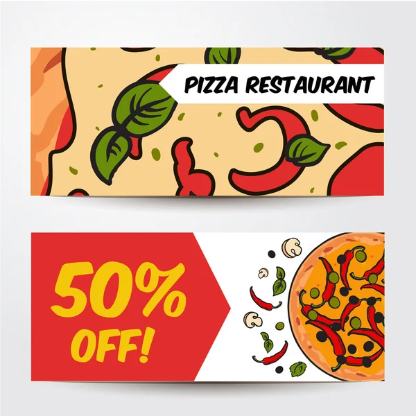 Дві горизонтальні банери з інгредієнтами піци - чилі, гриби, оливки — стоковий вектор