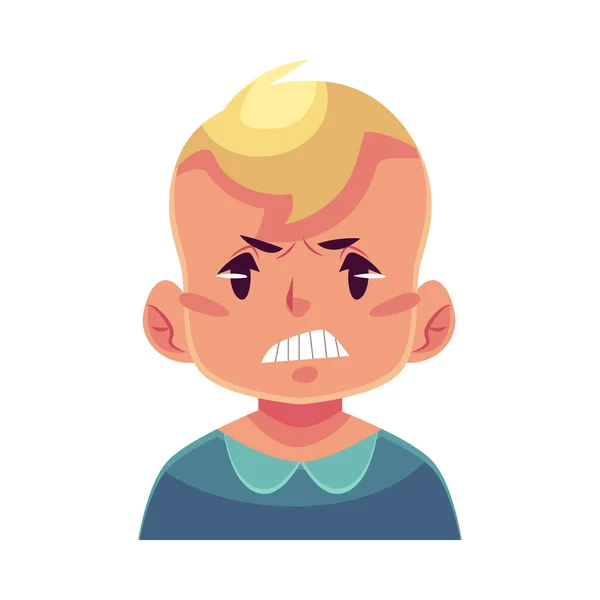 Little boy face, angry facial expression — Stock Vector
