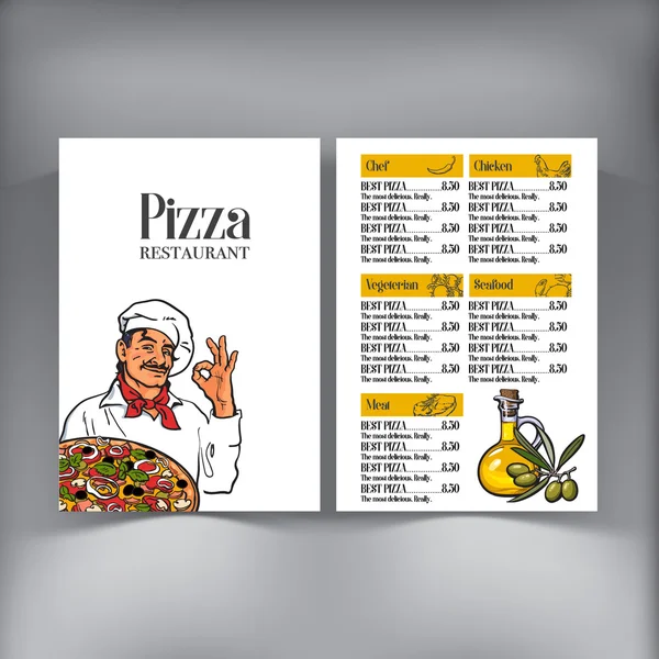 Menu design with Italian chef serving freshly baked pizza — Stockový vektor