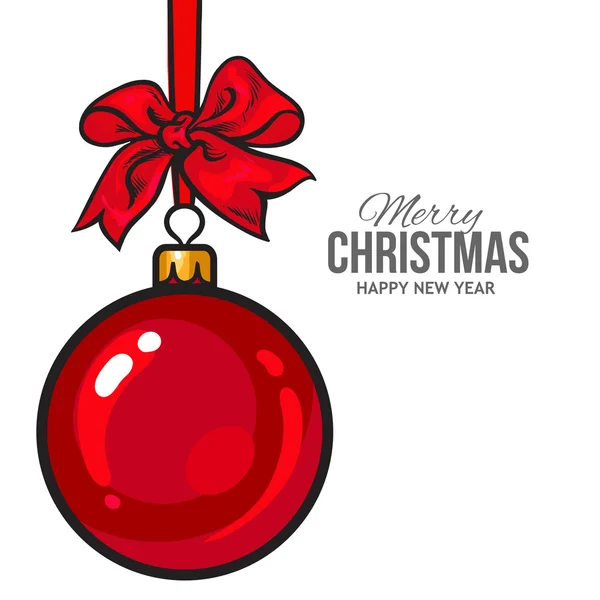 Kerstballen met rood lint en strikken, wenskaartsjabloon — Stockvector
