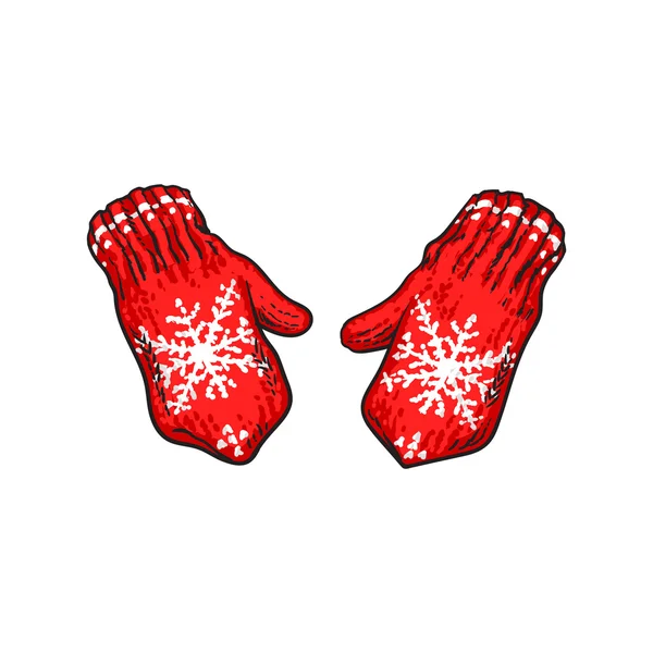 Par de manoplas de punto de invierno rojo brillante con copos de nieve — Vector de stock