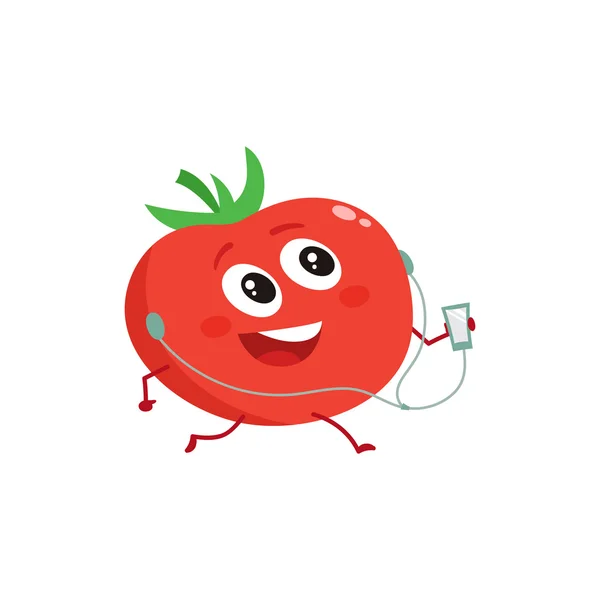 Tomate rojo maduro con reproductor de música y auriculares — Vector de stock