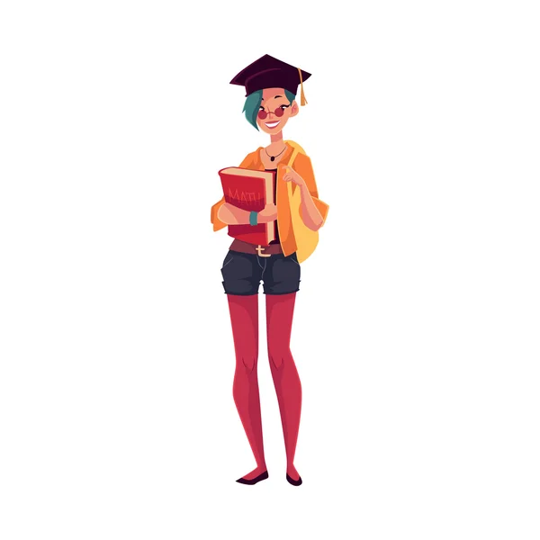 Κολέγιο, Πανεπιστήμιο κοπέλα, φοιτητής στο καπάκι αποφοίτηση κρατώντας σχολικά βιβλία — Διανυσματικό Αρχείο