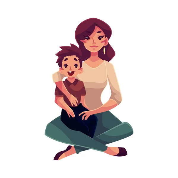 Mãe e filho sentados no chão abraçando uns aos outros —  Vetores de Stock