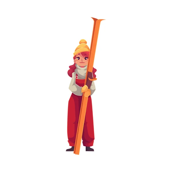 Взрослая рыжая красивая девушка, стоящая с лыжами — стоковый вектор