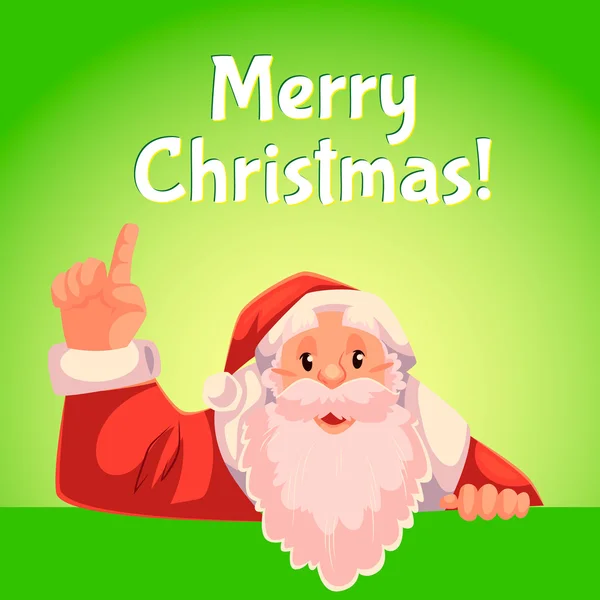 Tarjeta de felicitación de Navidad con dibujos animados Santa Claus apuntando hacia arriba — Vector de stock