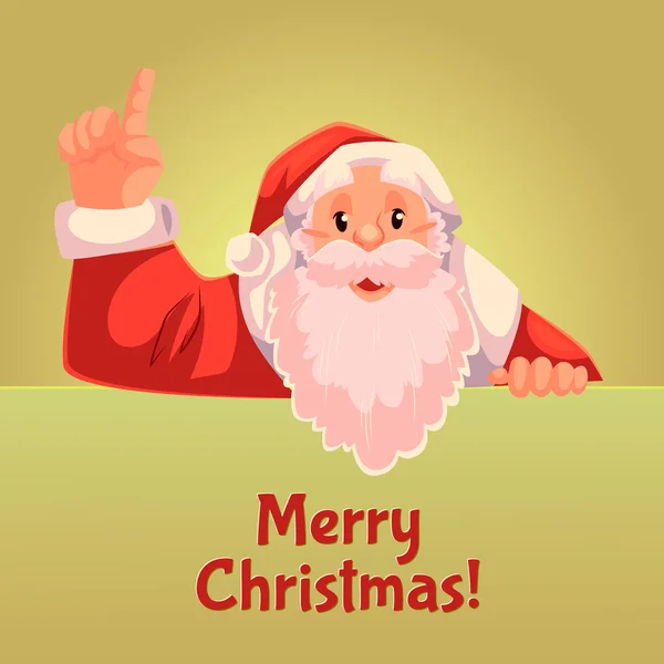 Tarjeta de felicitación de Navidad con dibujos animados Santa Claus apuntando hacia arriba — Vector de stock