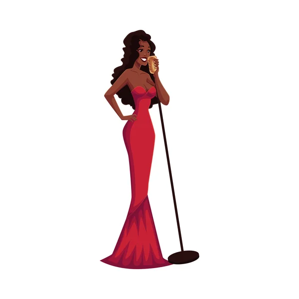 Λαμπερό αφρικανική αμερικανική γυναίκα τραγουδίστρια σε σικ βραδινό φόρεμα — Διανυσματικό Αρχείο